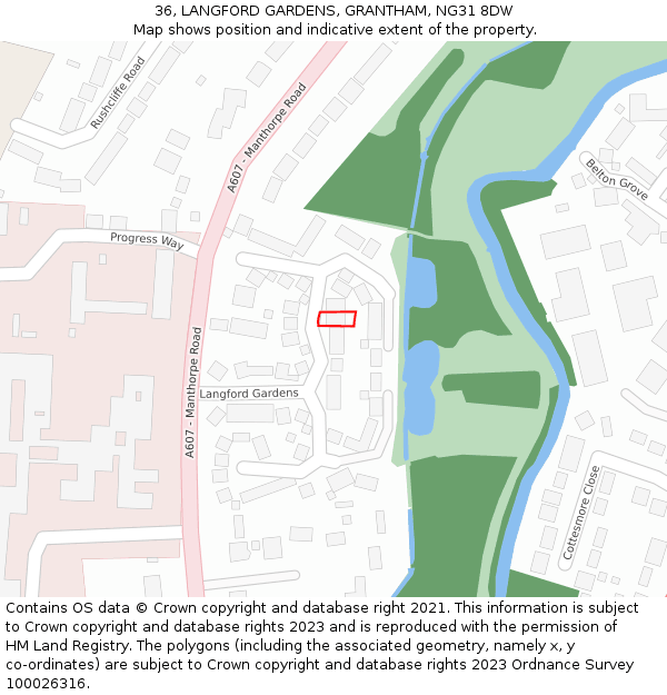 36, LANGFORD GARDENS, GRANTHAM, NG31 8DW: Location map and indicative extent of plot