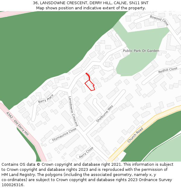 36, LANSDOWNE CRESCENT, DERRY HILL, CALNE, SN11 9NT: Location map and indicative extent of plot