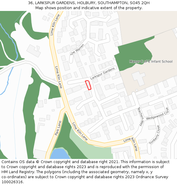 36, LARKSPUR GARDENS, HOLBURY, SOUTHAMPTON, SO45 2QH: Location map and indicative extent of plot