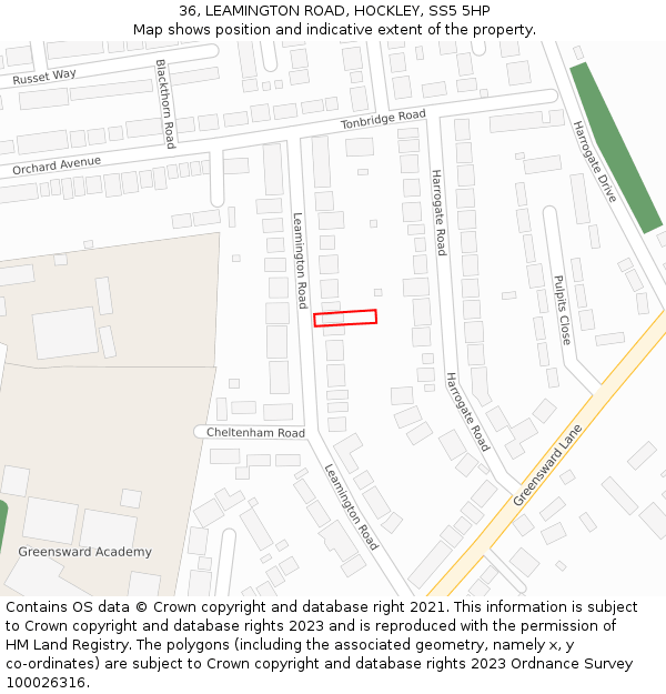 36, LEAMINGTON ROAD, HOCKLEY, SS5 5HP: Location map and indicative extent of plot