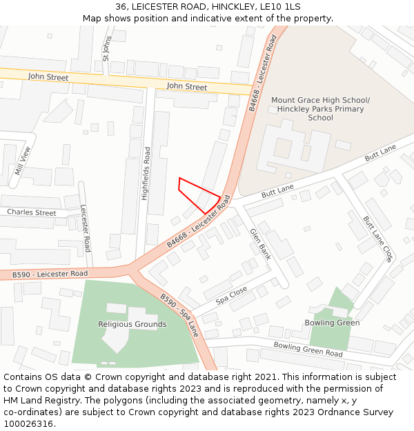 36, LEICESTER ROAD, HINCKLEY, LE10 1LS: Location map and indicative extent of plot