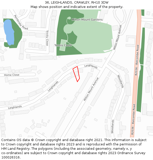 36, LEIGHLANDS, CRAWLEY, RH10 3DW: Location map and indicative extent of plot