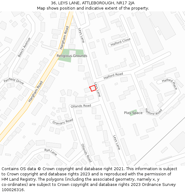 36, LEYS LANE, ATTLEBOROUGH, NR17 2JA: Location map and indicative extent of plot