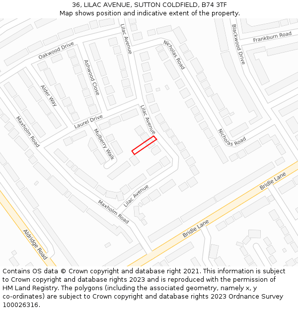 36, LILAC AVENUE, SUTTON COLDFIELD, B74 3TF: Location map and indicative extent of plot