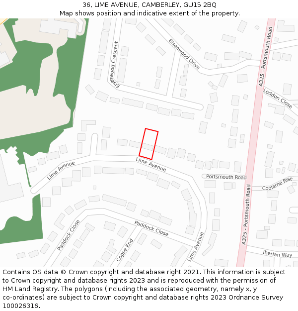 36, LIME AVENUE, CAMBERLEY, GU15 2BQ: Location map and indicative extent of plot