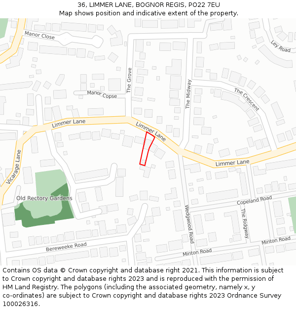 36, LIMMER LANE, BOGNOR REGIS, PO22 7EU: Location map and indicative extent of plot