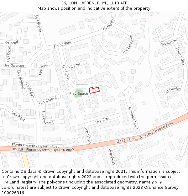 36, LON HAFREN, RHYL, LL18 4FE: Location map and indicative extent of plot