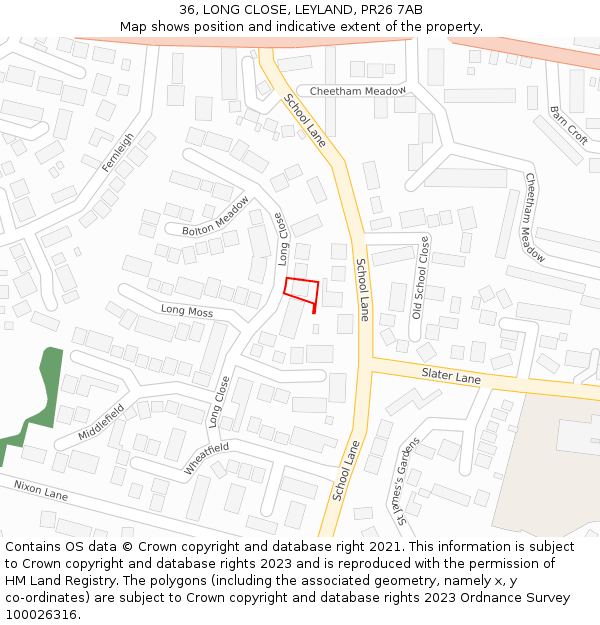 36, LONG CLOSE, LEYLAND, PR26 7AB: Location map and indicative extent of plot