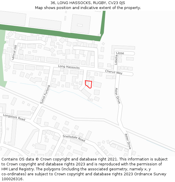 36, LONG HASSOCKS, RUGBY, CV23 0JS: Location map and indicative extent of plot