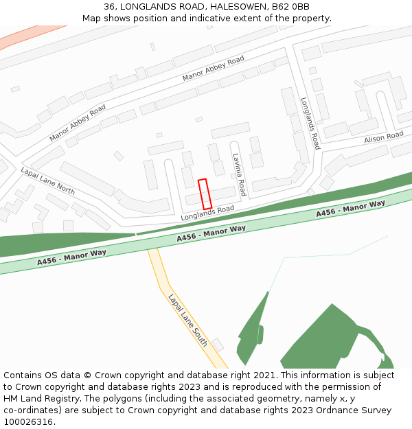 36, LONGLANDS ROAD, HALESOWEN, B62 0BB: Location map and indicative extent of plot