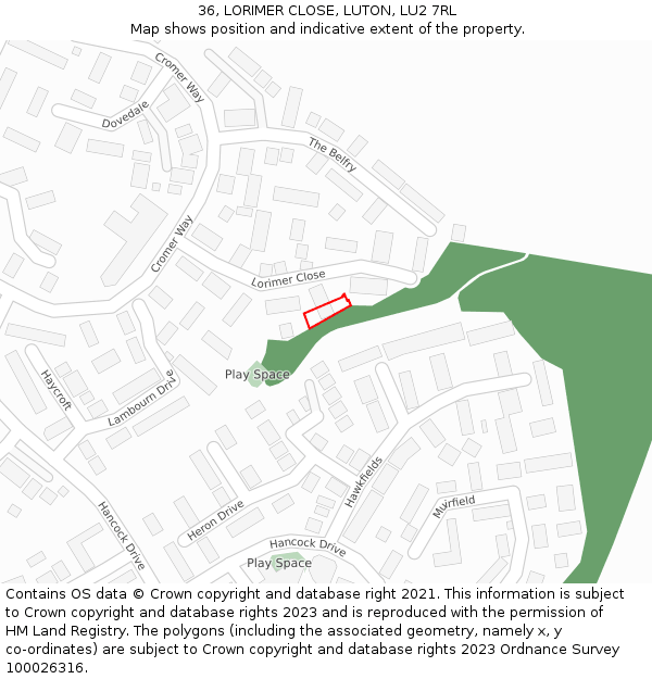 36, LORIMER CLOSE, LUTON, LU2 7RL: Location map and indicative extent of plot