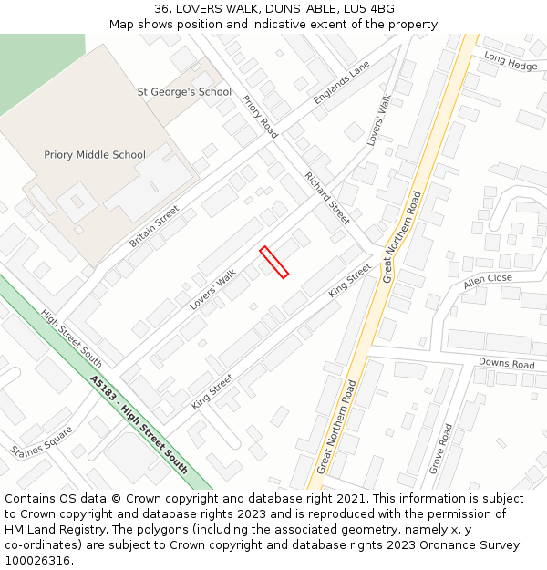 36, LOVERS WALK, DUNSTABLE, LU5 4BG: Location map and indicative extent of plot