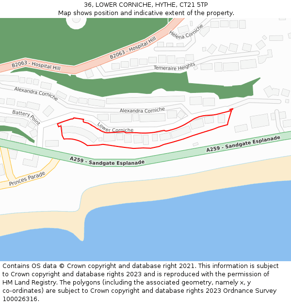 36, LOWER CORNICHE, HYTHE, CT21 5TP: Location map and indicative extent of plot