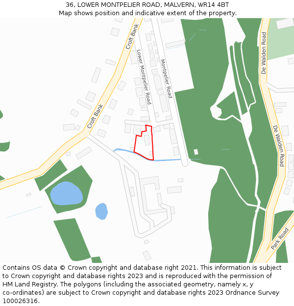 36, LOWER MONTPELIER ROAD, MALVERN, WR14 4BT: Location map and indicative extent of plot