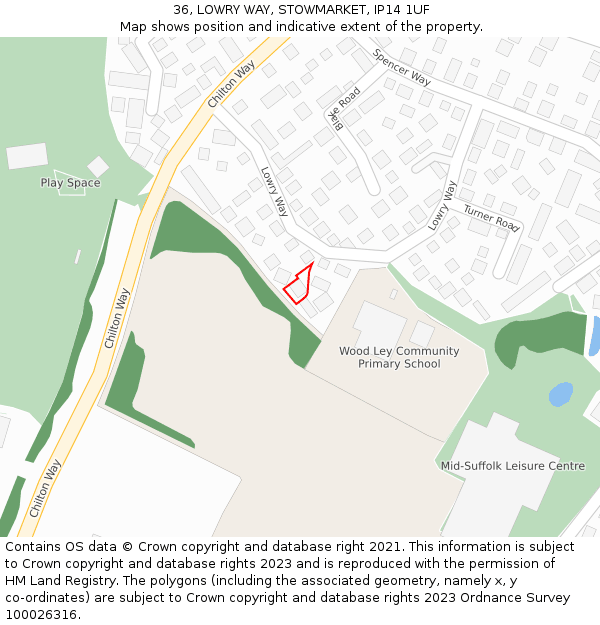 36, LOWRY WAY, STOWMARKET, IP14 1UF: Location map and indicative extent of plot