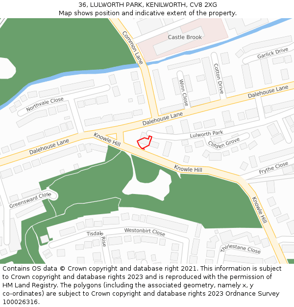 36, LULWORTH PARK, KENILWORTH, CV8 2XG: Location map and indicative extent of plot