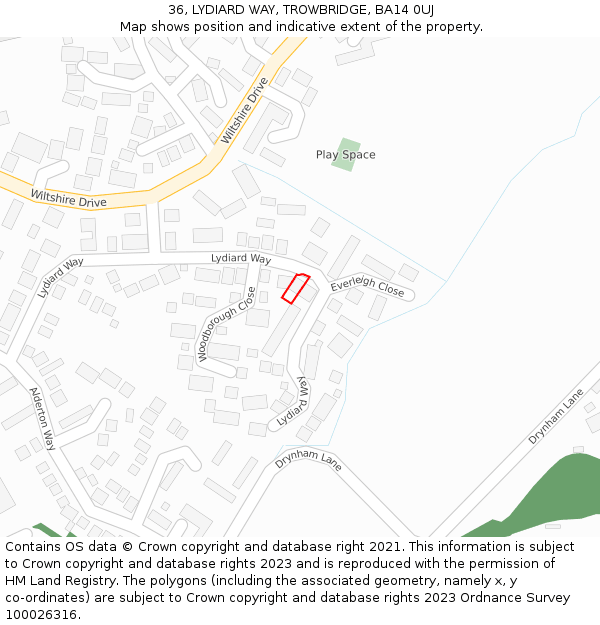 36, LYDIARD WAY, TROWBRIDGE, BA14 0UJ: Location map and indicative extent of plot