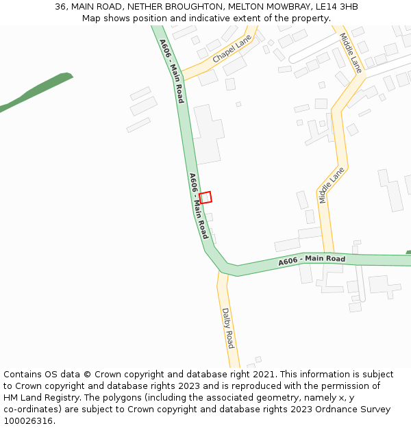 36, MAIN ROAD, NETHER BROUGHTON, MELTON MOWBRAY, LE14 3HB: Location map and indicative extent of plot