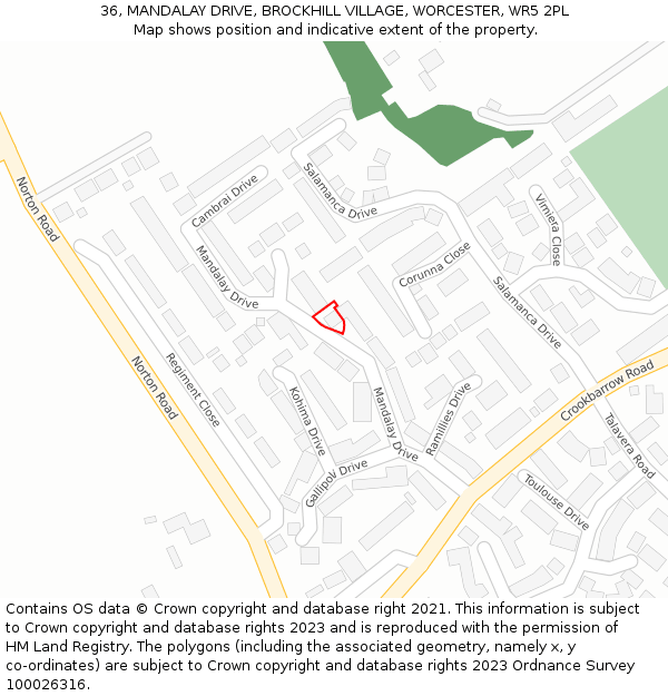 36, MANDALAY DRIVE, BROCKHILL VILLAGE, WORCESTER, WR5 2PL: Location map and indicative extent of plot