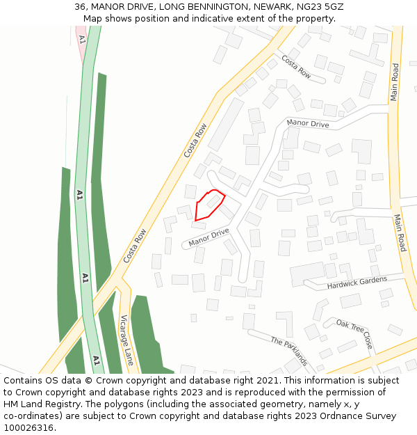 36, MANOR DRIVE, LONG BENNINGTON, NEWARK, NG23 5GZ: Location map and indicative extent of plot