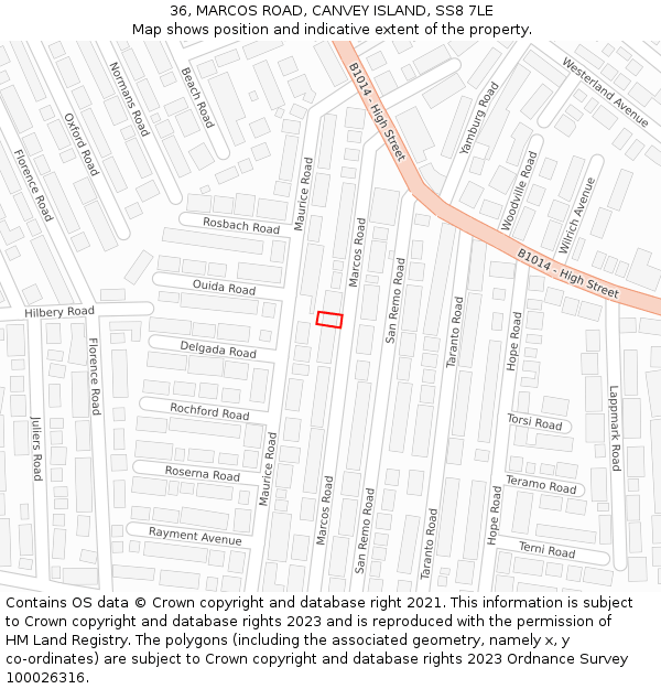 36, MARCOS ROAD, CANVEY ISLAND, SS8 7LE: Location map and indicative extent of plot