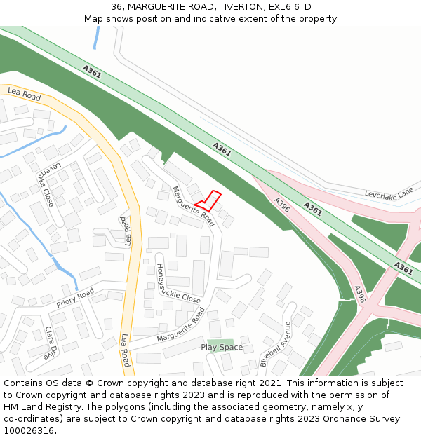 36, MARGUERITE ROAD, TIVERTON, EX16 6TD: Location map and indicative extent of plot