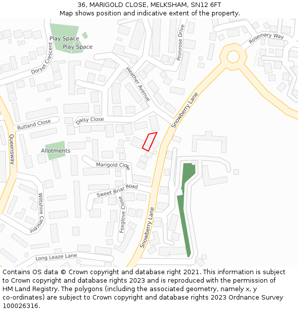 36, MARIGOLD CLOSE, MELKSHAM, SN12 6FT: Location map and indicative extent of plot