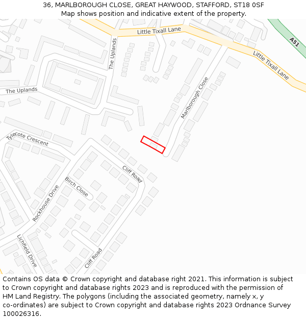 36, MARLBOROUGH CLOSE, GREAT HAYWOOD, STAFFORD, ST18 0SF: Location map and indicative extent of plot