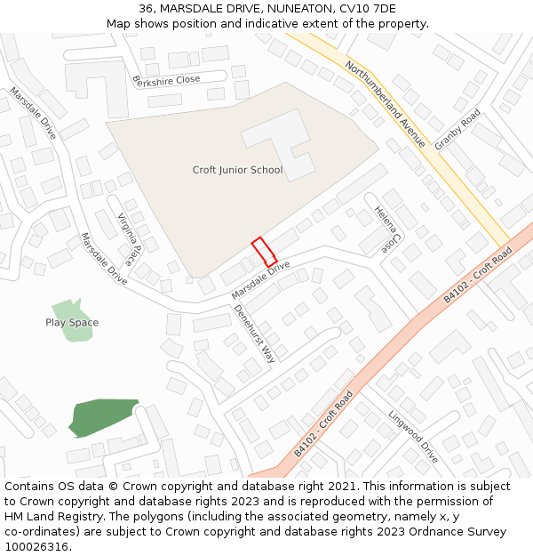 36, MARSDALE DRIVE, NUNEATON, CV10 7DE: Location map and indicative extent of plot