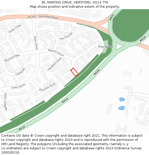 36, MARTINS DRIVE, HERTFORD, SG13 7TA: Location map and indicative extent of plot