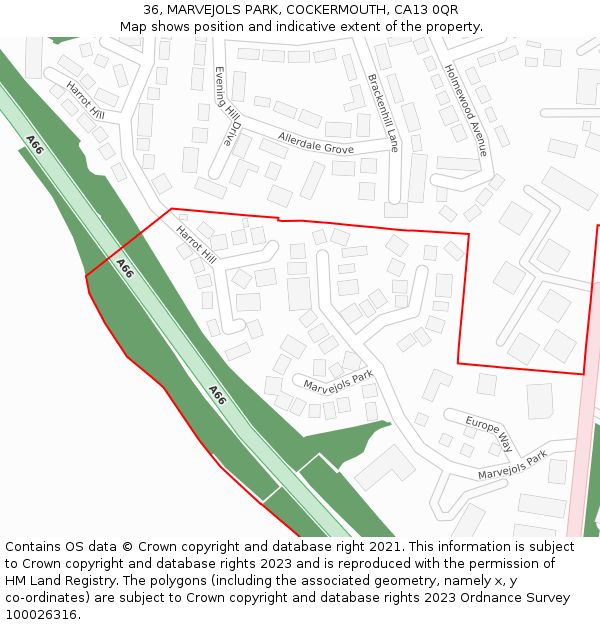 36, MARVEJOLS PARK, COCKERMOUTH, CA13 0QR: Location map and indicative extent of plot