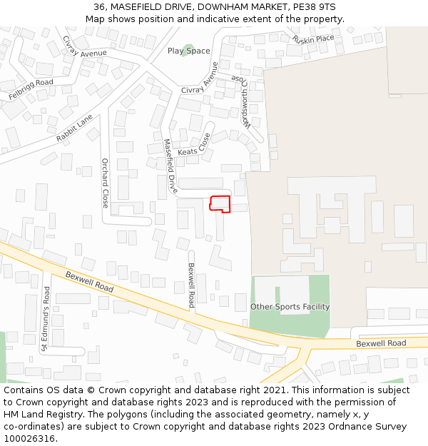 36, MASEFIELD DRIVE, DOWNHAM MARKET, PE38 9TS: Location map and indicative extent of plot