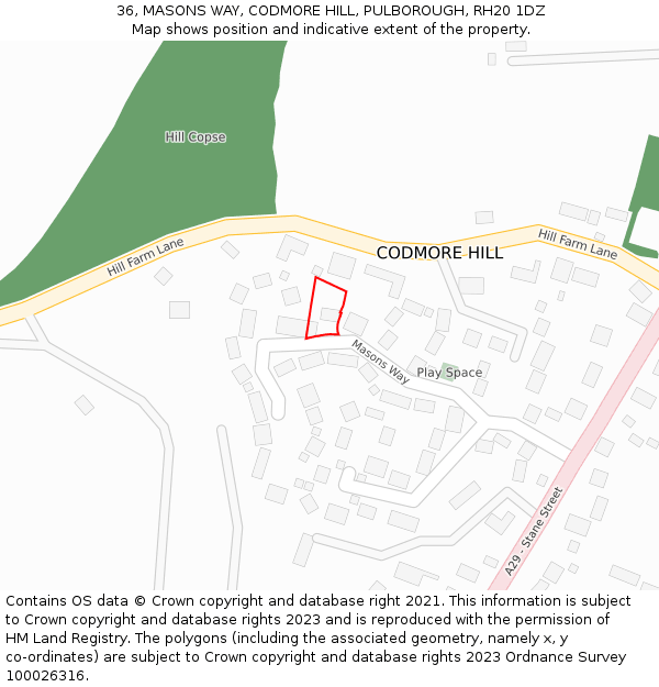 36, MASONS WAY, CODMORE HILL, PULBOROUGH, RH20 1DZ: Location map and indicative extent of plot