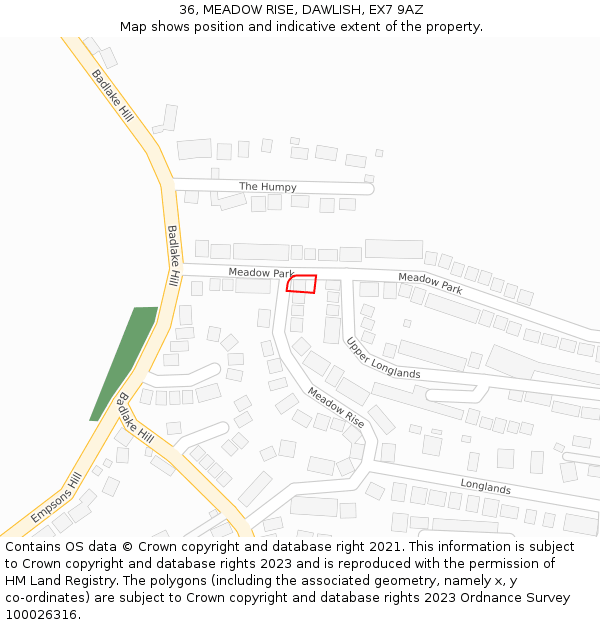 36, MEADOW RISE, DAWLISH, EX7 9AZ: Location map and indicative extent of plot