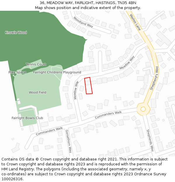 36, MEADOW WAY, FAIRLIGHT, HASTINGS, TN35 4BN: Location map and indicative extent of plot