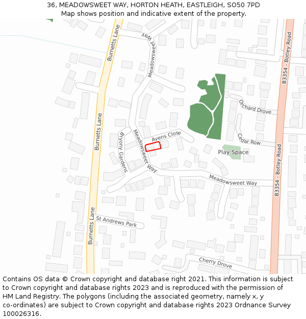 36, MEADOWSWEET WAY, HORTON HEATH, EASTLEIGH, SO50 7PD: Location map and indicative extent of plot