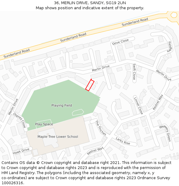 36, MERLIN DRIVE, SANDY, SG19 2UN: Location map and indicative extent of plot