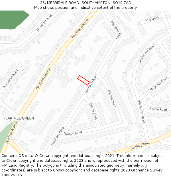 36, MERRIDALE ROAD, SOUTHAMPTON, SO19 7AD: Location map and indicative extent of plot