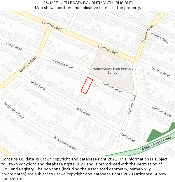 36, METHUEN ROAD, BOURNEMOUTH, BH8 8ND: Location map and indicative extent of plot