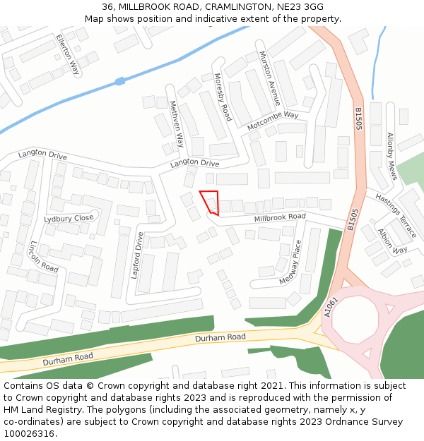 36, MILLBROOK ROAD, CRAMLINGTON, NE23 3GG: Location map and indicative extent of plot