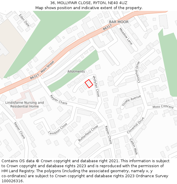 36, MOLLYFAIR CLOSE, RYTON, NE40 4UZ: Location map and indicative extent of plot