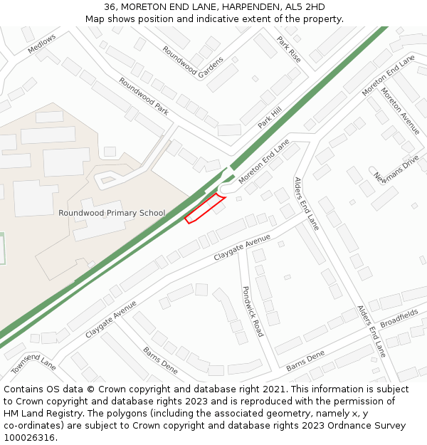 36, MORETON END LANE, HARPENDEN, AL5 2HD: Location map and indicative extent of plot