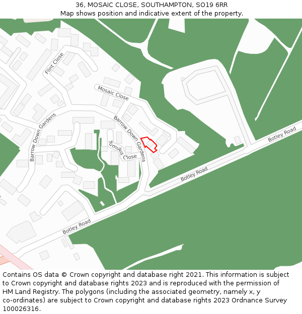 36, MOSAIC CLOSE, SOUTHAMPTON, SO19 6RR: Location map and indicative extent of plot