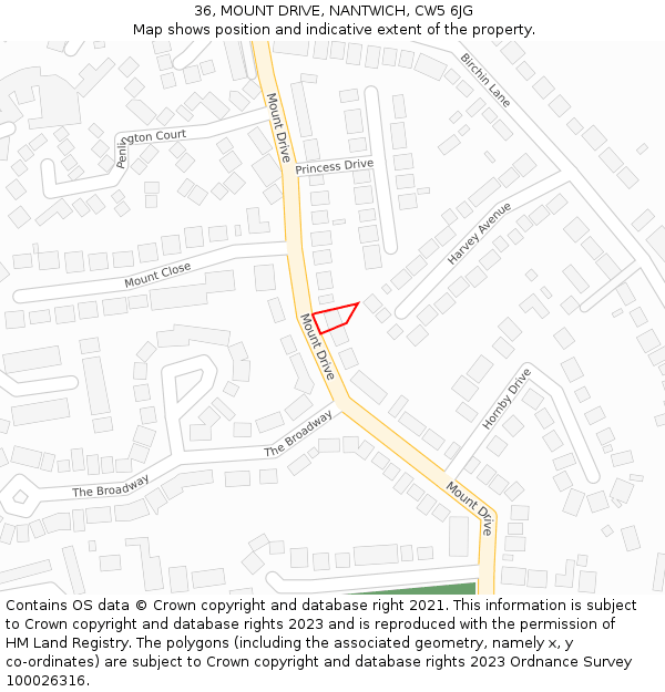 36, MOUNT DRIVE, NANTWICH, CW5 6JG: Location map and indicative extent of plot