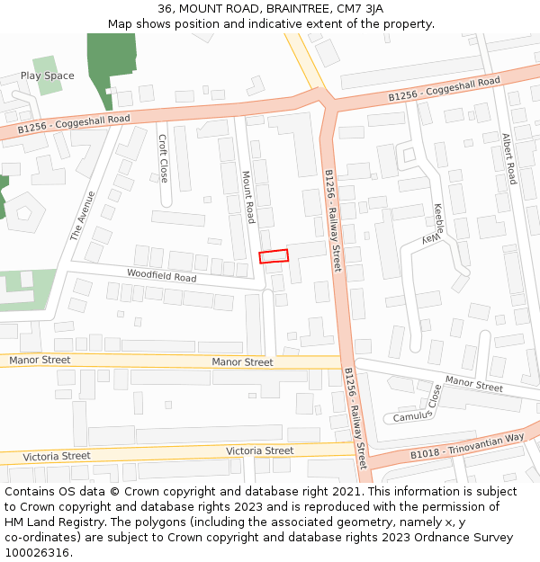 36, MOUNT ROAD, BRAINTREE, CM7 3JA: Location map and indicative extent of plot