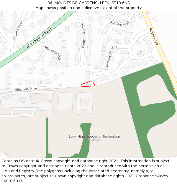 36, MOUNTSIDE GARDENS, LEEK, ST13 6ND: Location map and indicative extent of plot