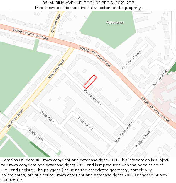 36, MURINA AVENUE, BOGNOR REGIS, PO21 2DB: Location map and indicative extent of plot