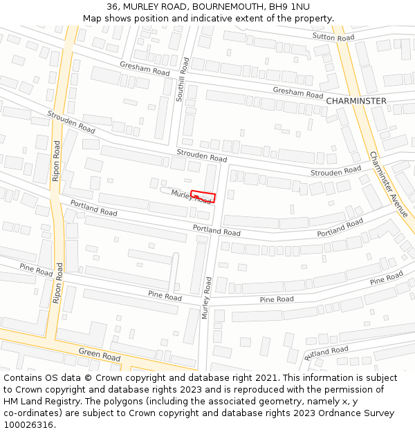 36, MURLEY ROAD, BOURNEMOUTH, BH9 1NU: Location map and indicative extent of plot