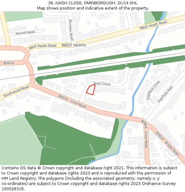 36, NASH CLOSE, FARNBOROUGH, GU14 0HL: Location map and indicative extent of plot