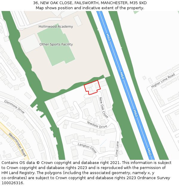 36, NEW OAK CLOSE, FAILSWORTH, MANCHESTER, M35 9XD: Location map and indicative extent of plot